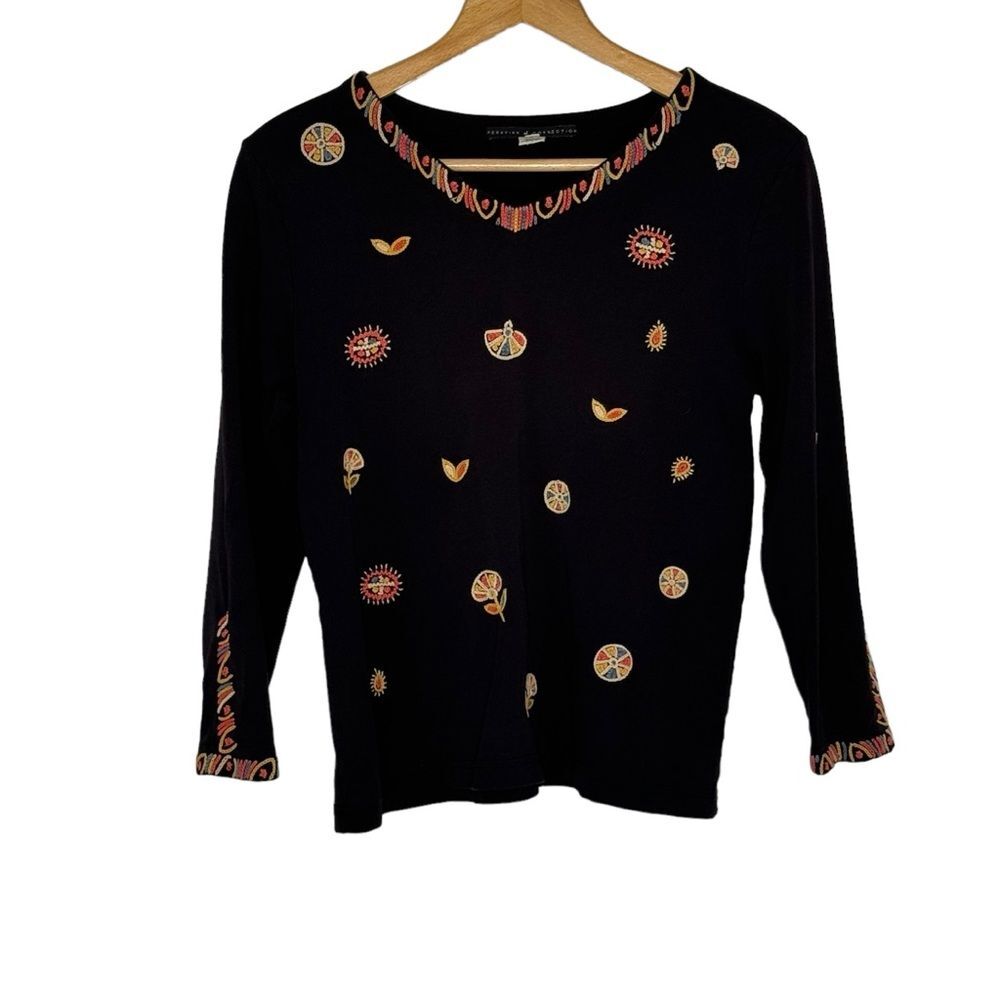Peruvian Connection Women's Black Embroidered Pima Cotton Tunic Size Medium